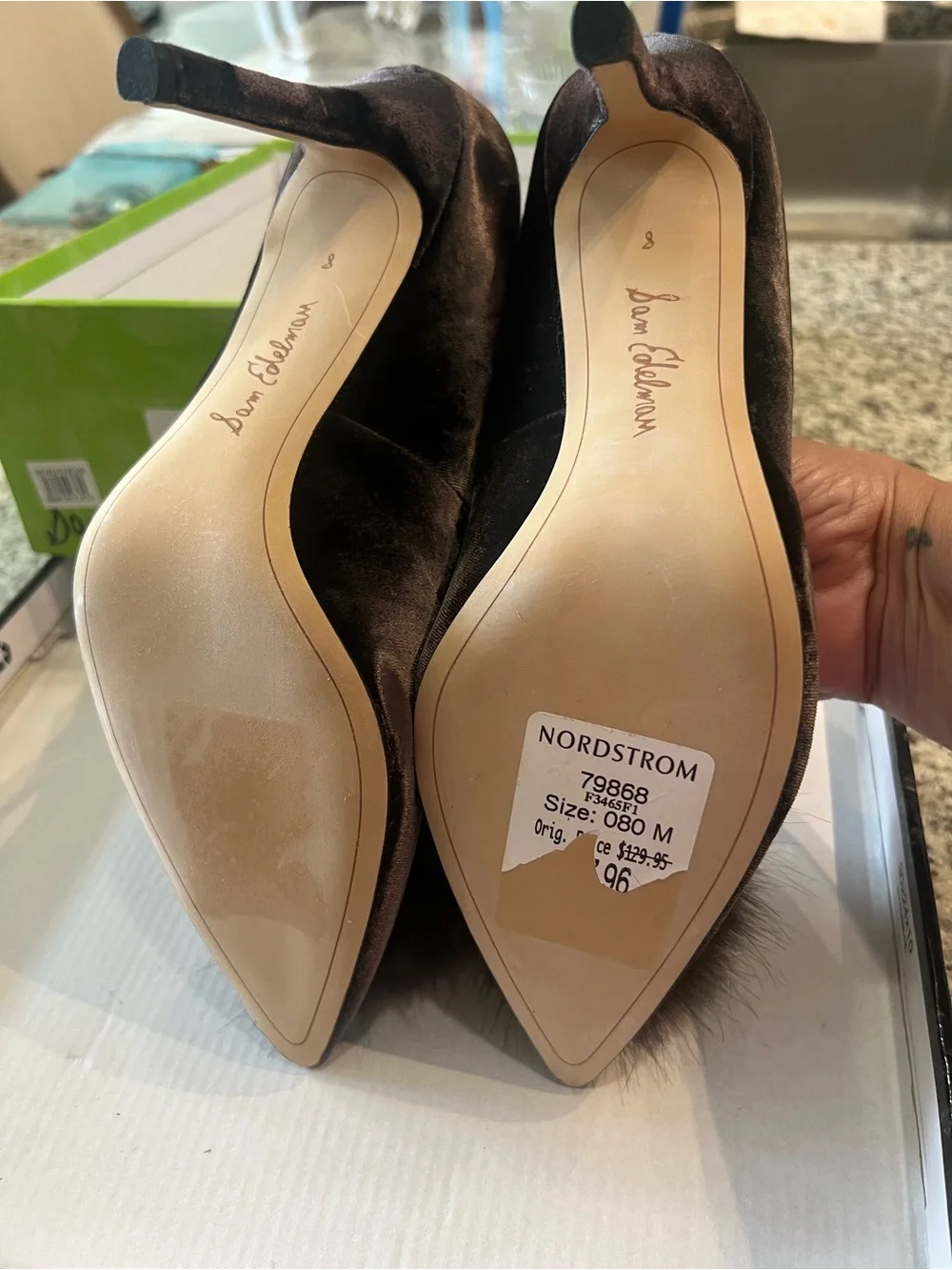 Sam Edelman Dark Brown Velvet Pom-Pom Pointed Toe Heels